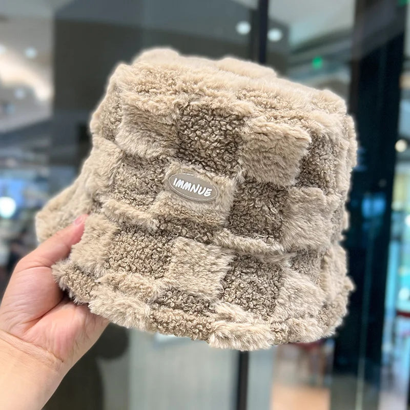 Lamb Plaid Velvet Winter Bucket Hat