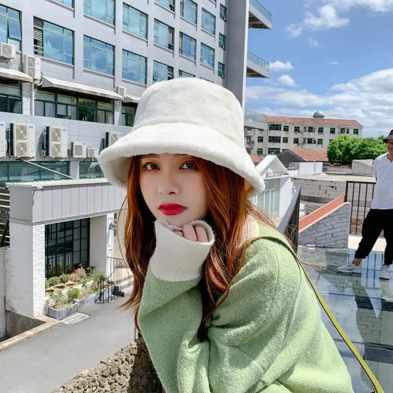 Faux Fur Winter Bucket Hat Women Soft Warm Fisherman Cap