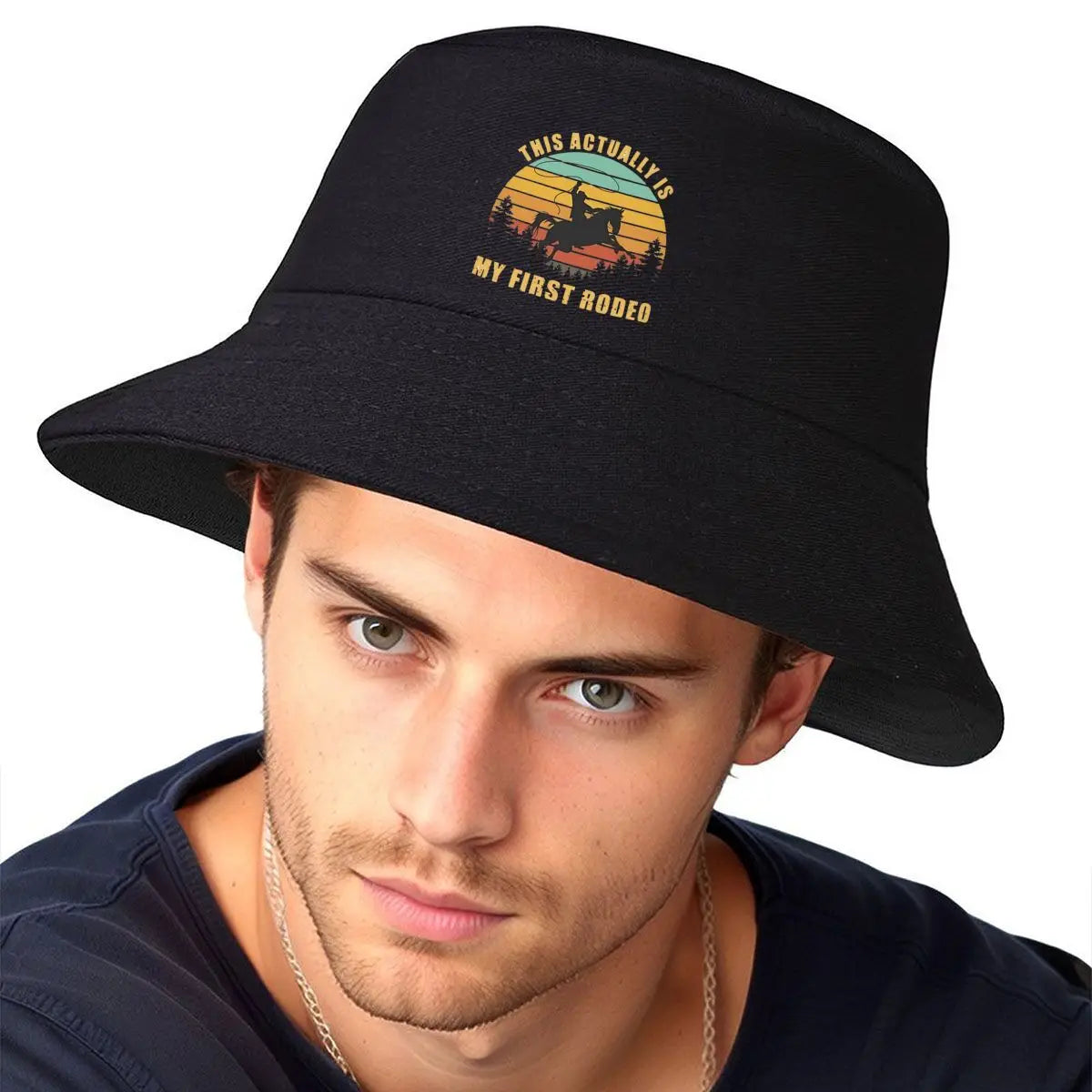 First Rodeo Cowboy Retro Sunset Bucket Hat