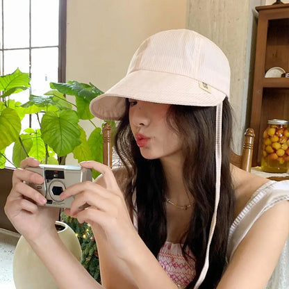 Women Korean Stripe Wide Brim Bucket Hat