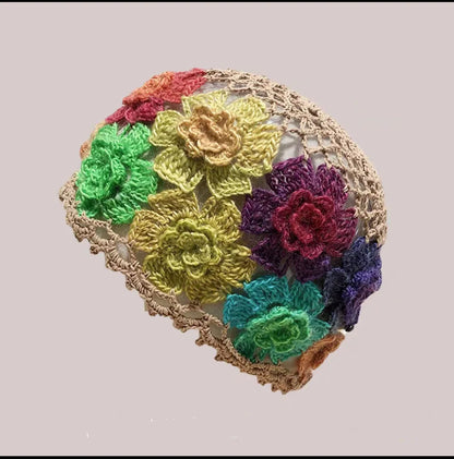 Artistic Colorful Flower Hollow Knitted Bucket Hat