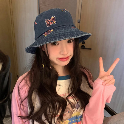 Butterfly Embroidered Washed Denim Wide Brim Bucket Hat