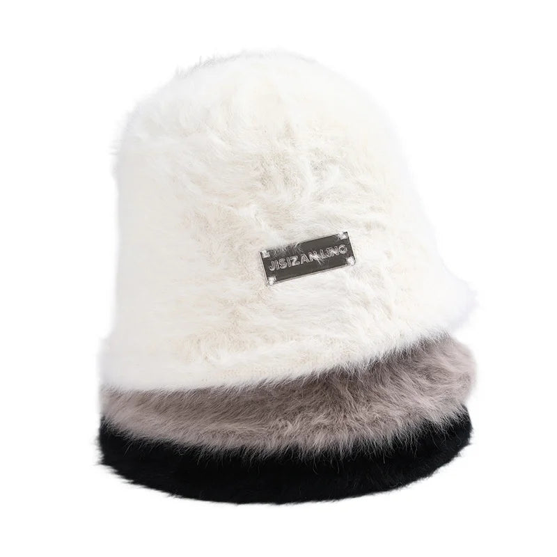 Korean Iron Letter Rabbit Fur Bucket Hat