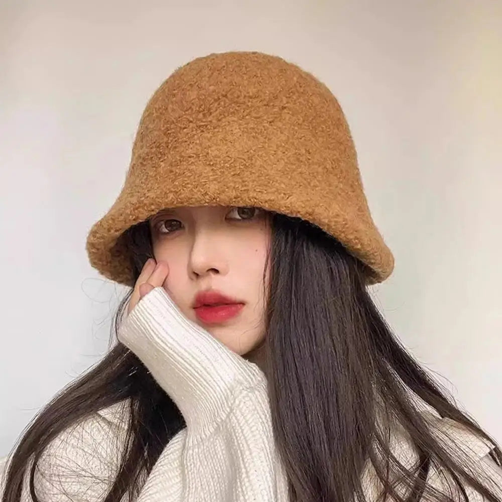 Lamb Wool Solid Warm Winter Bucket Hat