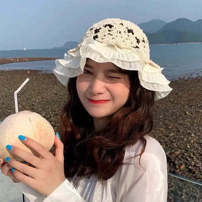 Lace Knitted Hollow Large Brim Korean Bucket Hat