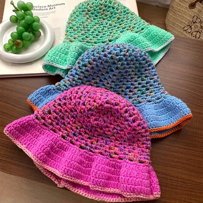 Dopamine Contrast Color Knitted Breathable Women Bucket Hat