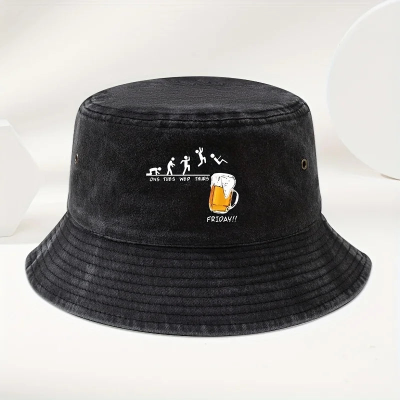 Fun Beer Cup Printed Washed Outdoor Travel Bucket Hat