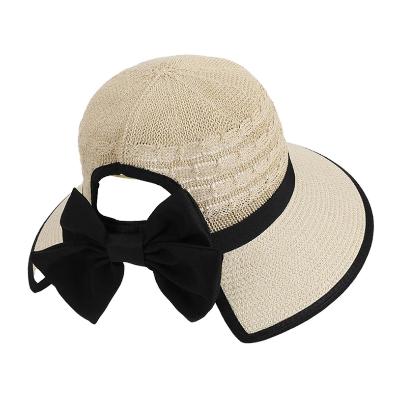 Bow-Tied Ponytail Straw Hat