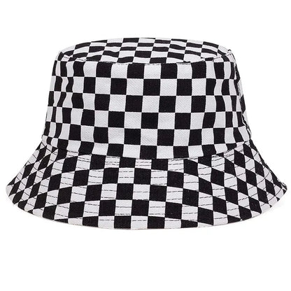 Unisex Black White Checkered Printing Personality Bucket Hats