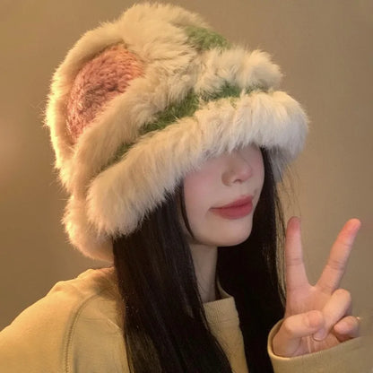 Colorful Rabbit Fur Winter Bucket Hat