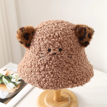 Leopard Cat Ear Bucket Hat Women Winter
