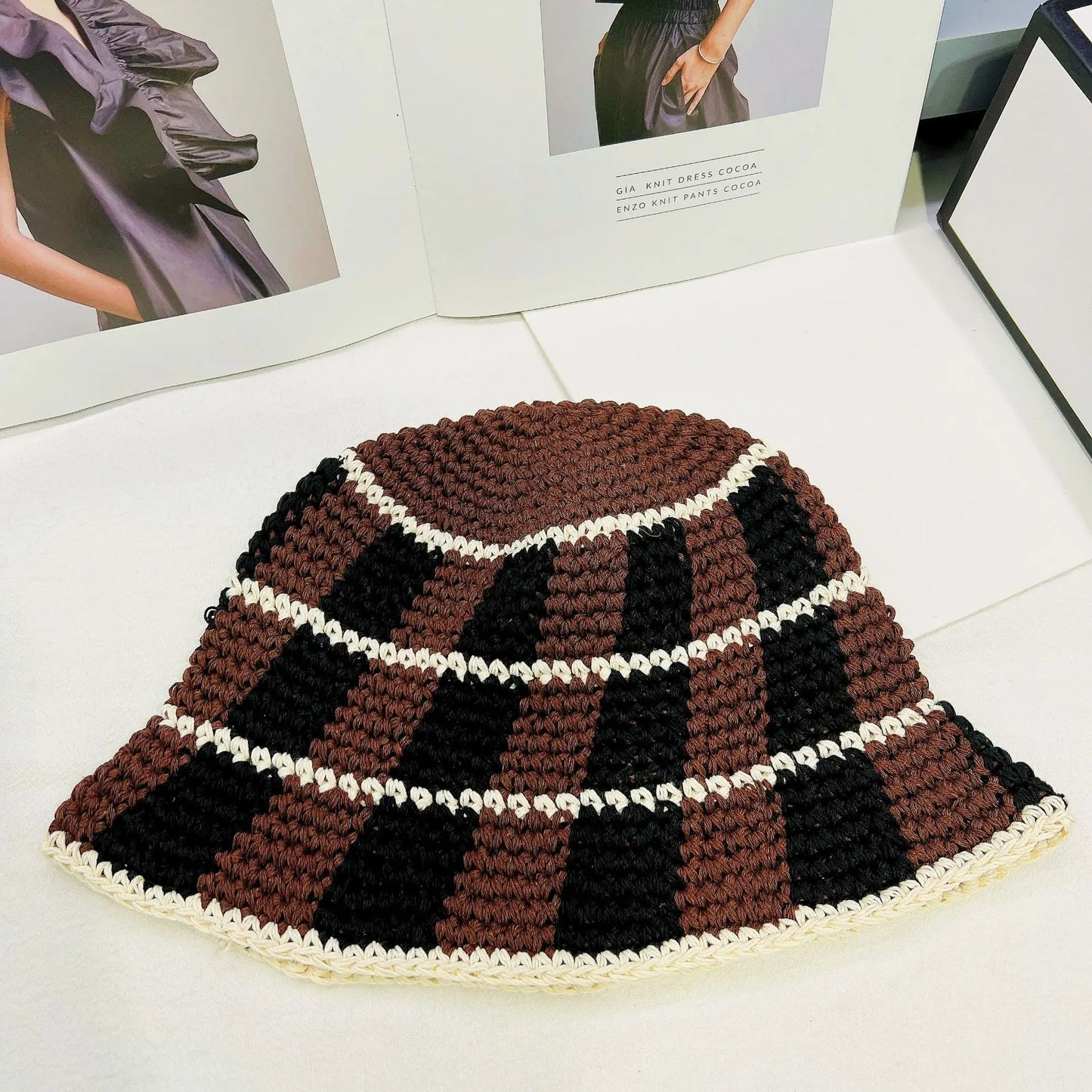 Japanese Korean Color Contrast Plaid Bucket Hat