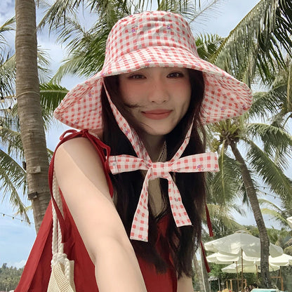 Double-Sided Plaid Lace-Up Bucket Hat Women
