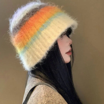 Korean Y2k Striped Woolen Warm Bucket Hat
