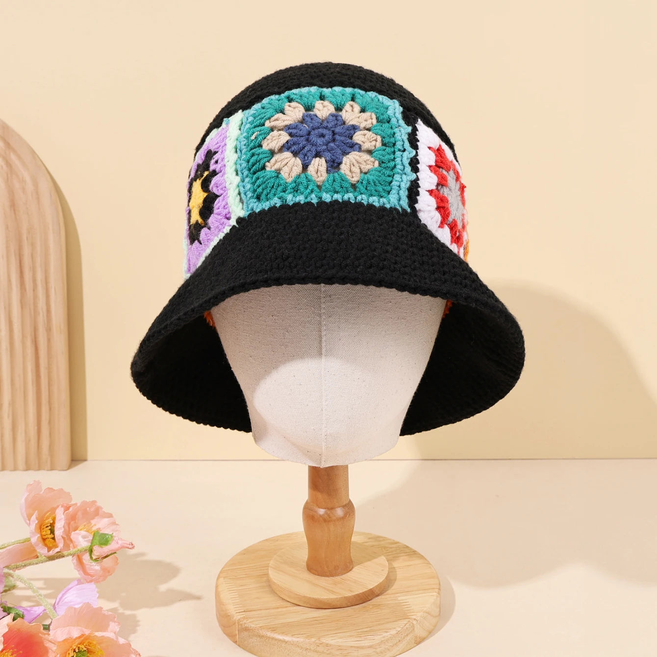 Black Knitted Wide Brim Flower Patch Bucket Hat