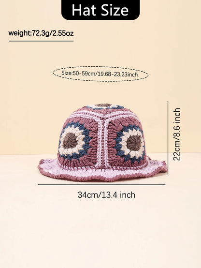 Retro Pink Purple Crochet Knit Bucket Hat