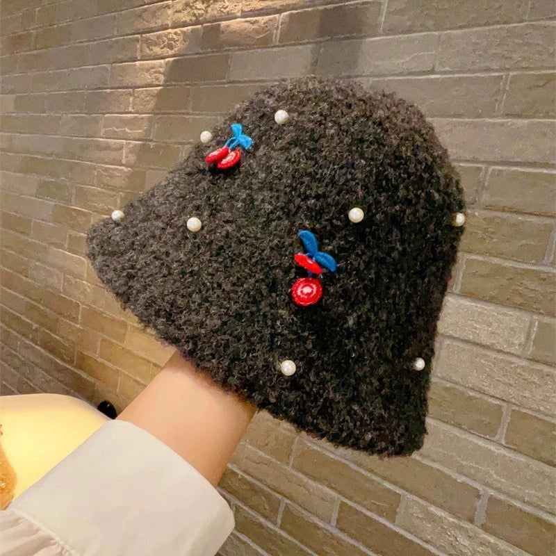 Women's Plush Cherry Pearl Bucket Hat