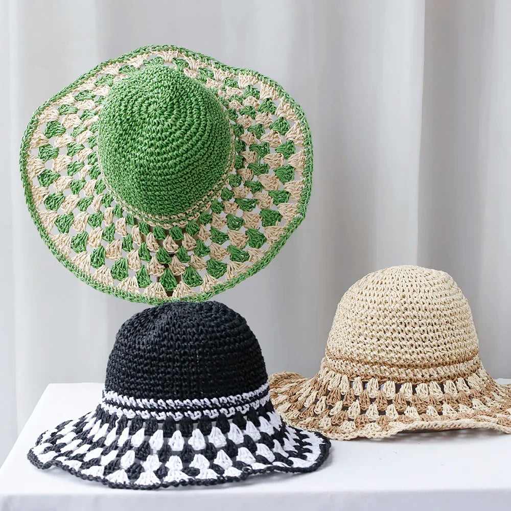 Green Korean Handmade Straw Summer Beach Bucket Hat