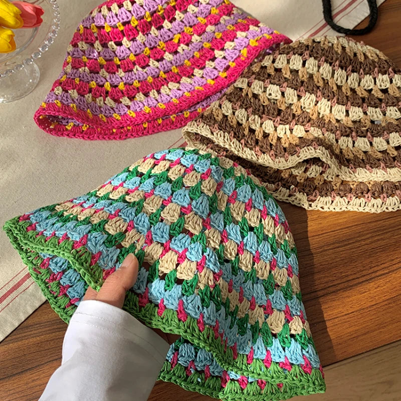 Colorful Dopamine French Hollow Straw Bucket Hat