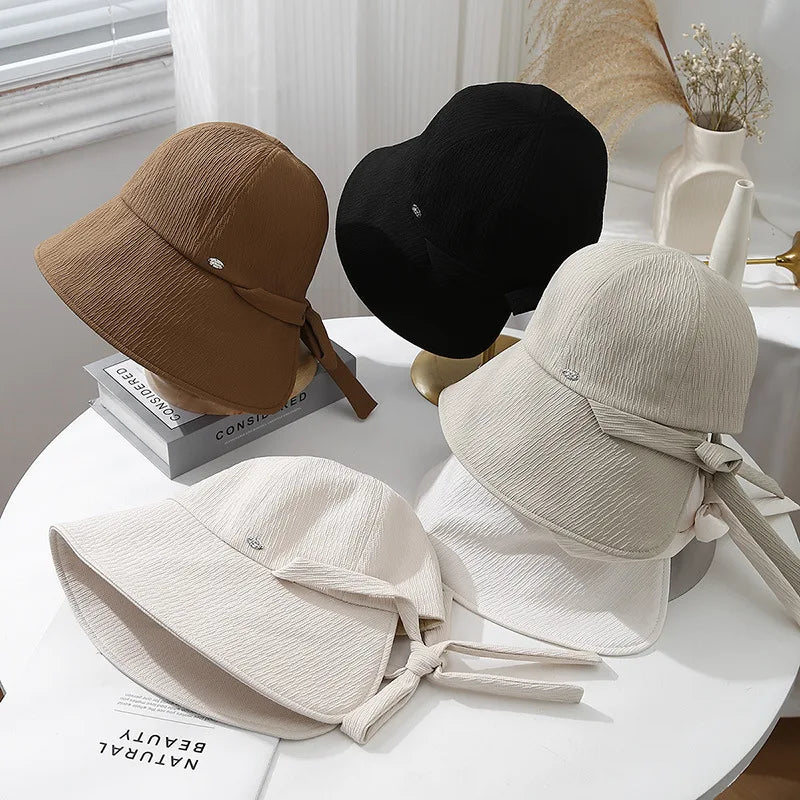 Korean Solid Color Bow Wide Brim Bucket Hat