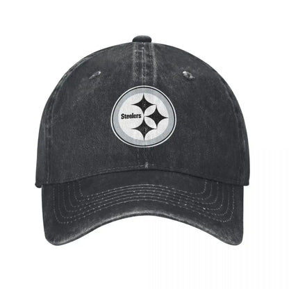 Black and White Steeler Logo Washed Denim Baseball Cap