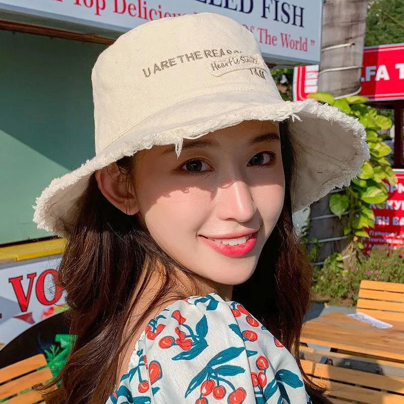 Solid Color Letter Embroidery Wide Brim Bucket Hat
