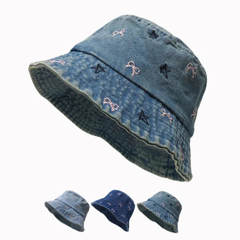Autumn Butterfly Star Embroidery Washed Denim Bucket Hat
