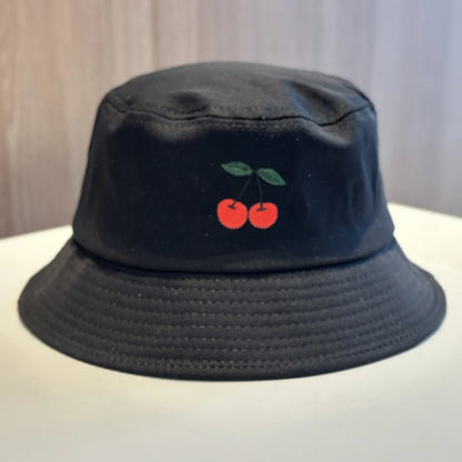 Solid Color Cherry Embroidered Cotton Bucket Hat