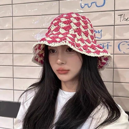 Korean Color Matching Hollow Straw Bucket Hat