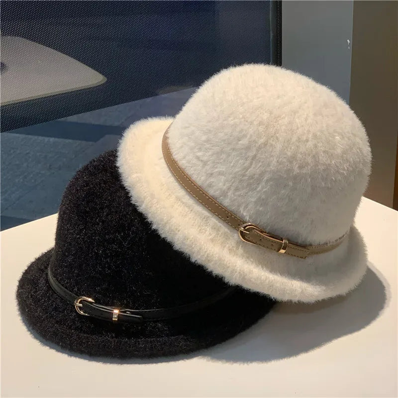French Style Belt Buckle Wool Bucket Hat