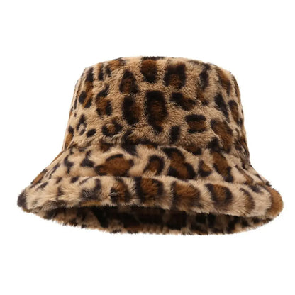 Leopard Print Plush Winter Bucket Hat