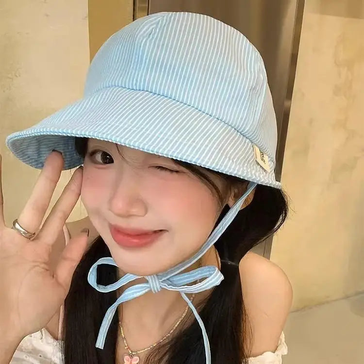 Women Korean Stripe Wide Brim Bucket Hat