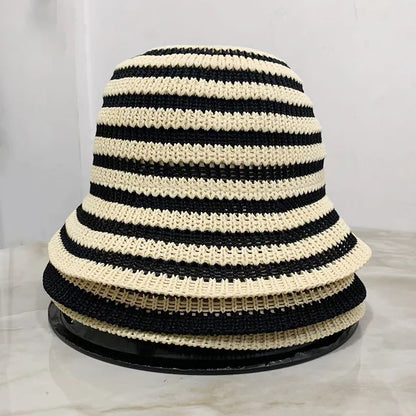 Striped Hollow Weave Breathable Summer Bucket Hat