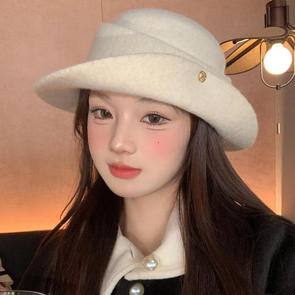 Hepburn Elegant White Wool Retro Bucket Hat