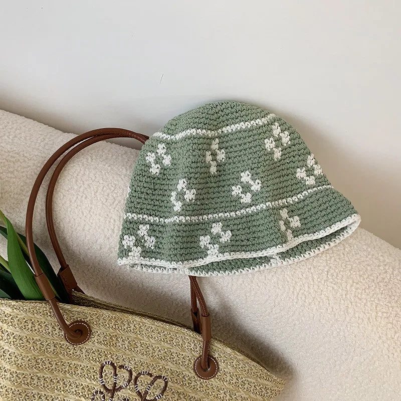 Korean Flower Crochet Handmade Panama Bucket Hat