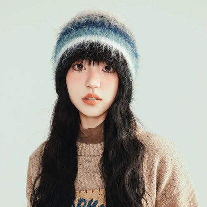 Gradient Stripe Wool Beanie Women Winter