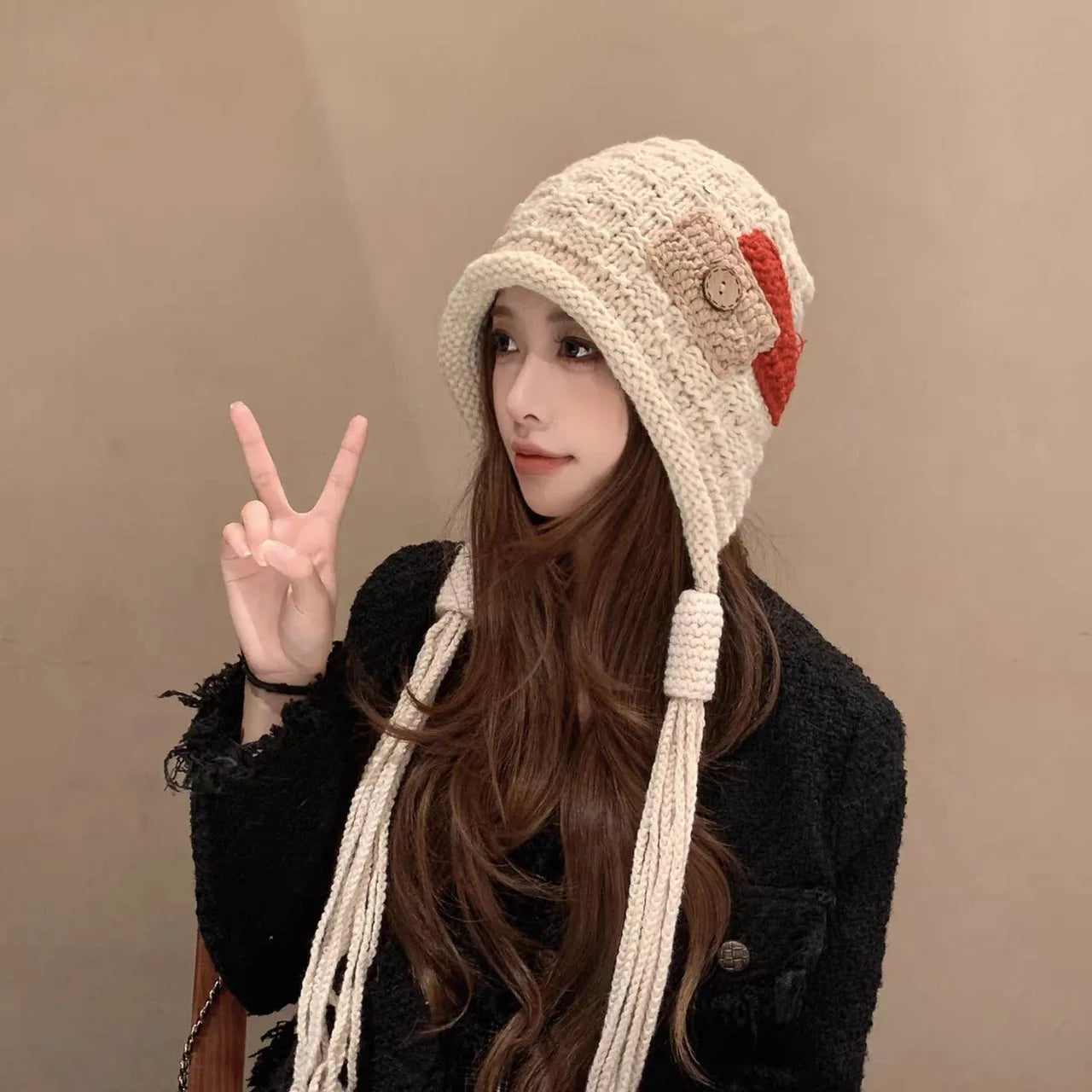 Knitted Wool Tassel Patchwork Winter Bucket Hat