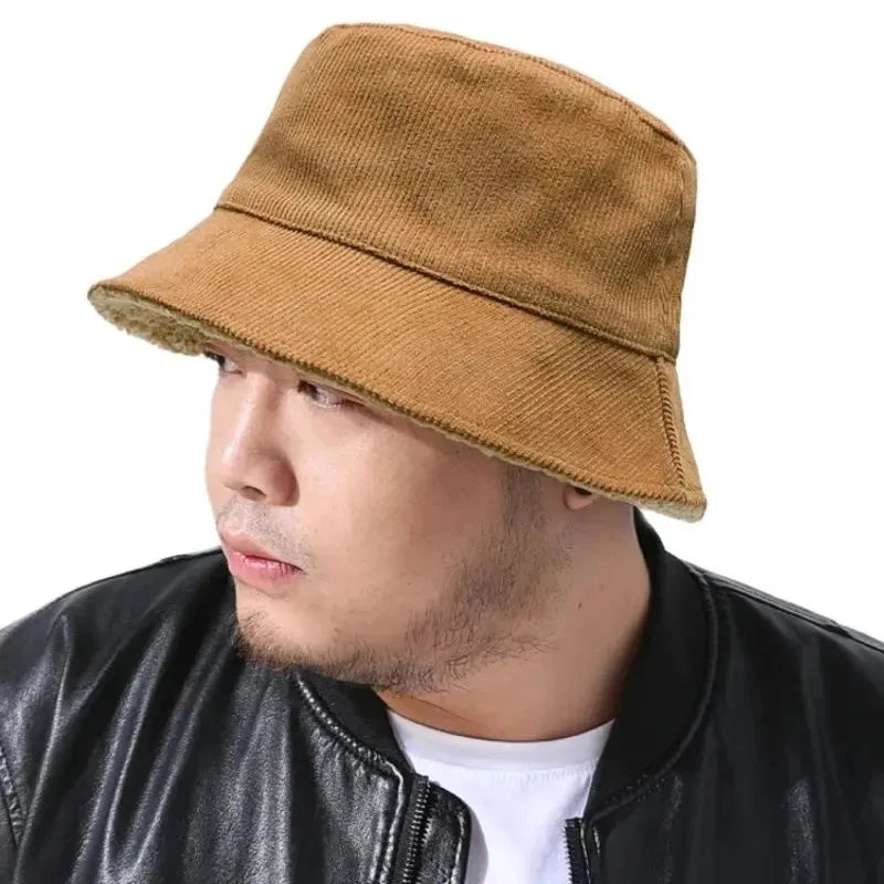 Double-Sided Corduroy Fur Winter Bucket Hat Unisex Warm Fisherman Cap