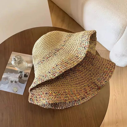 Rainbow Straw Wide Brim Beach Bucket Hat