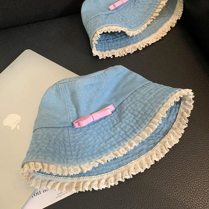 Retro Denim Bow Tie Y2K Bucket Hat