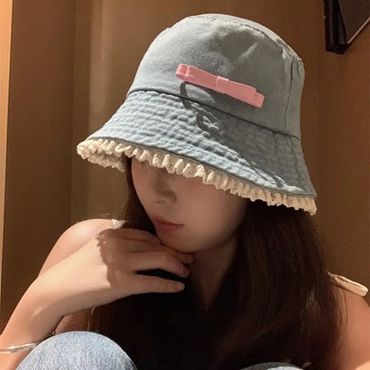 Retro Denim Bow Tie Y2K Bucket Hat