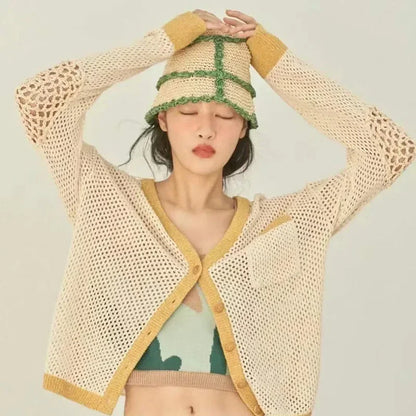 Spring Autumn Handmade Crochet Lattice Women Bucket Hat