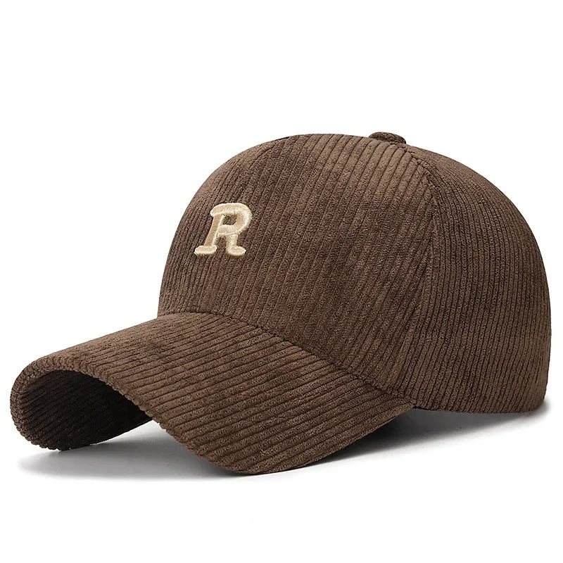 Corduroy Embroidered R Letter Baseball Cap