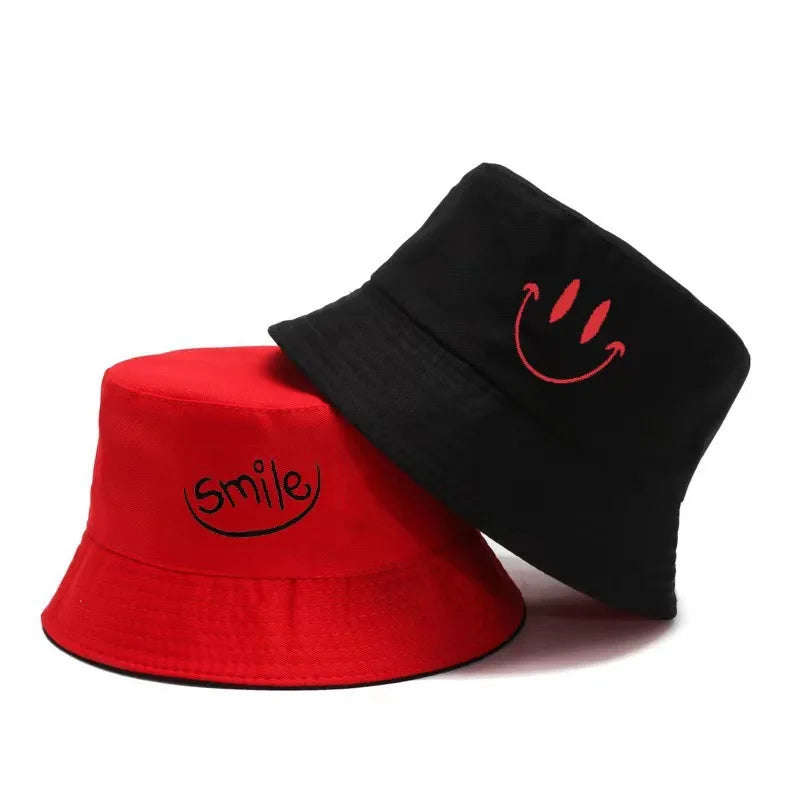 Double Sided Happy Face Embroidery Korean Bucket Hat