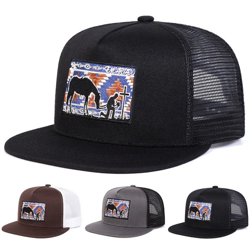Horse Cross Embroidery Mesh Snapback Cap