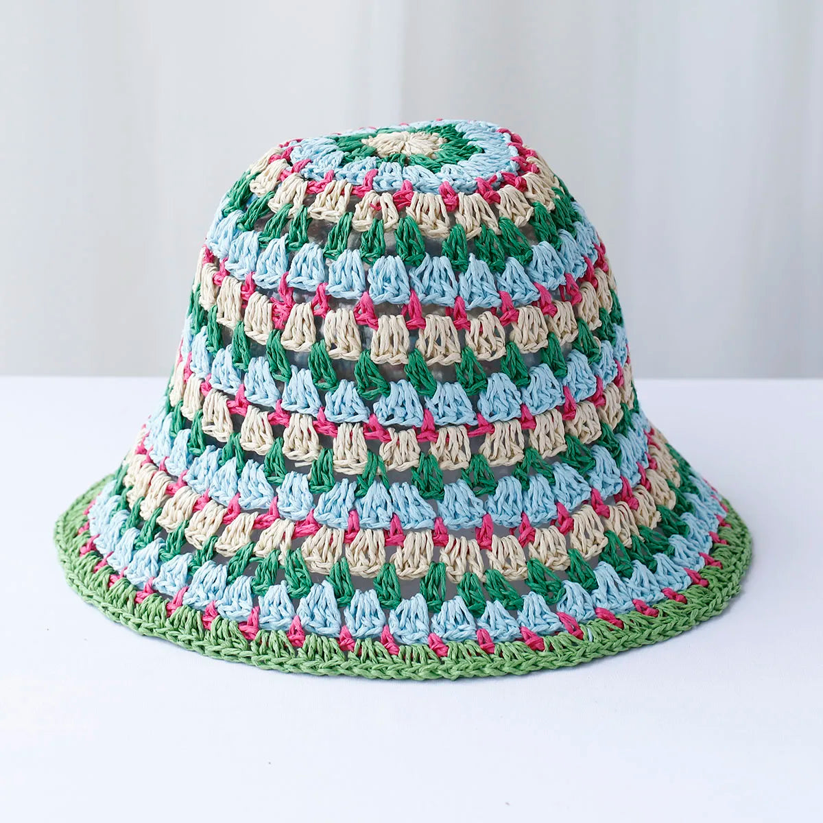 Womens Striped Rainbow Crochet Sun Bucket Hat