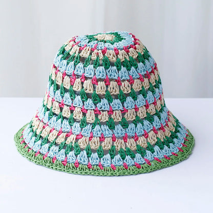 Womens Striped Rainbow Crochet Sun Bucket Hat
