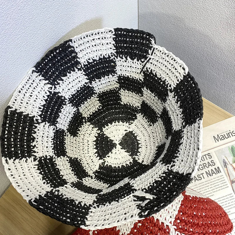 Korean Checkerboard Woven Straw Bucket Hat