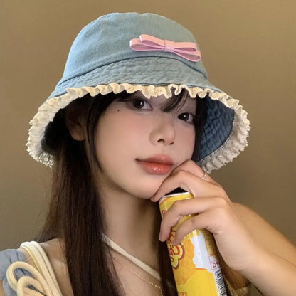 Retro Denim Bow Tie Y2K Bucket Hat