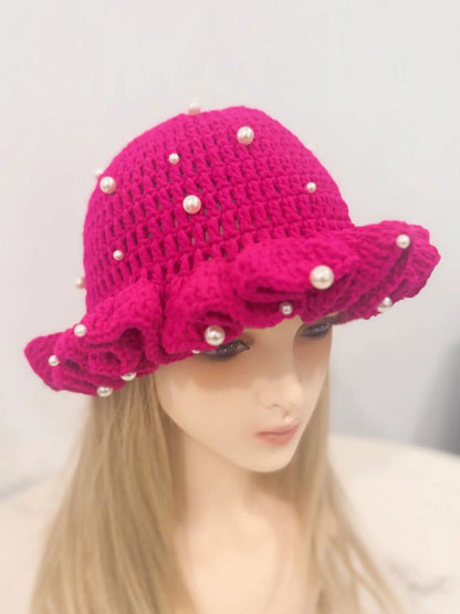 Women’s Pearl Ruffled Crochet Knit Bucket Hat